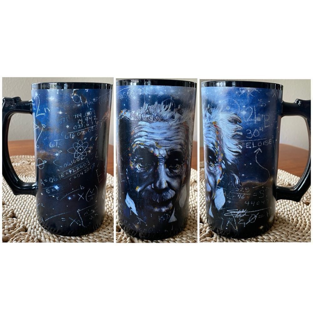 NWOT Backstage Pass 16 oz Einstein Theory Mug Artist Stephen Fishwick Black Blue